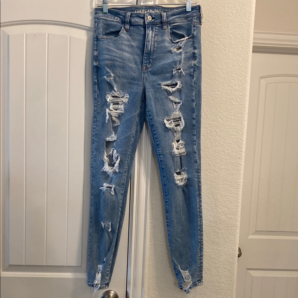 American Eagle Super Hi-Rise Distressed Medium Blue Jeggings, Sz 10